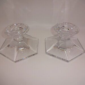 Pair 2 Vintage Val St Saint Lambert Crystal Hexagon Candle Holders Set Belgium